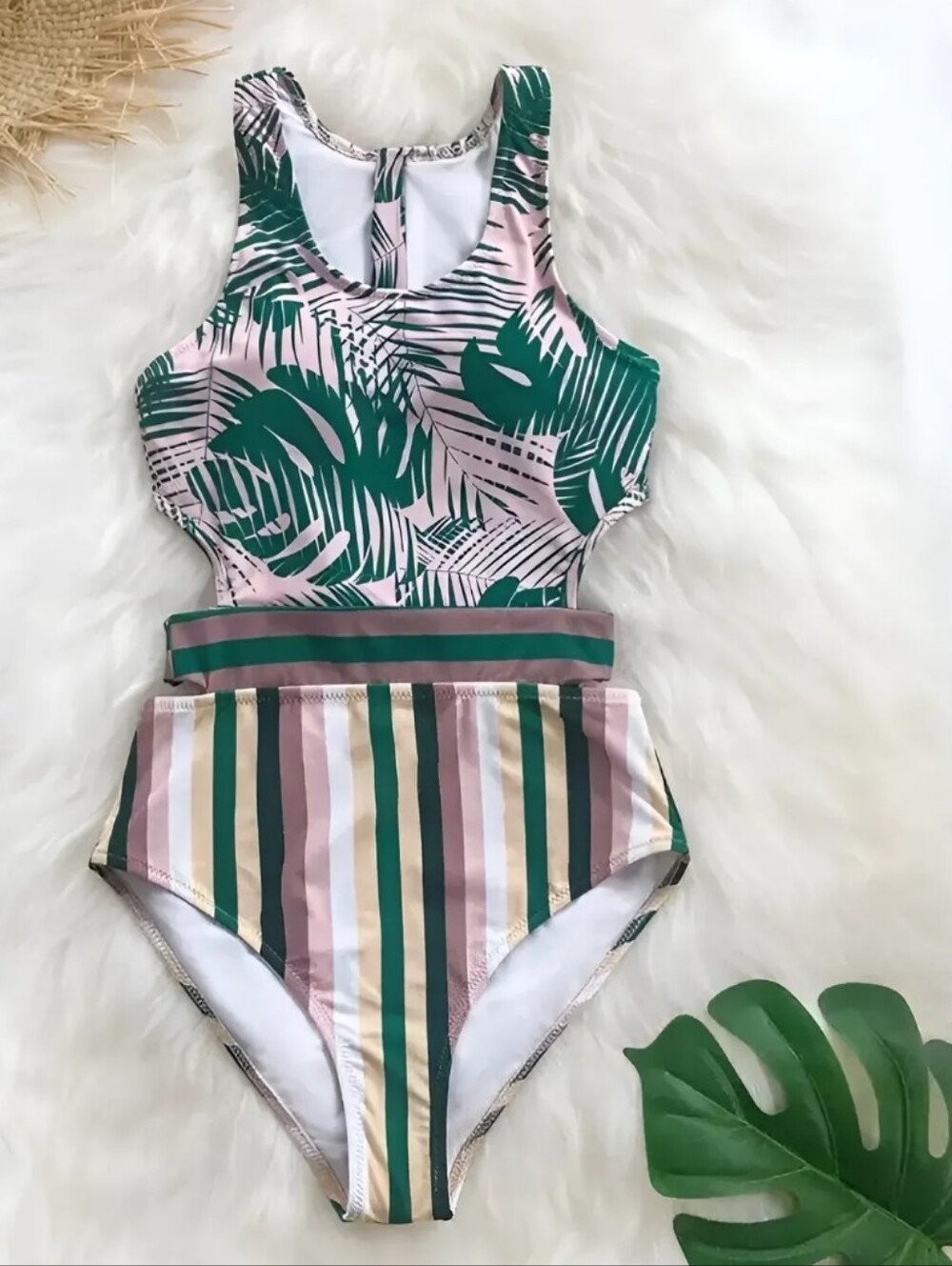 Cupshe Multicolor Striped One Piece with Teal, Blush & Brown Accents